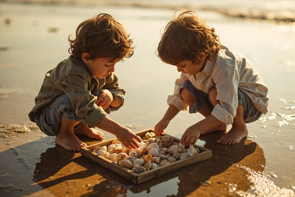 Enfants sur la plage examinant coquillages et galets