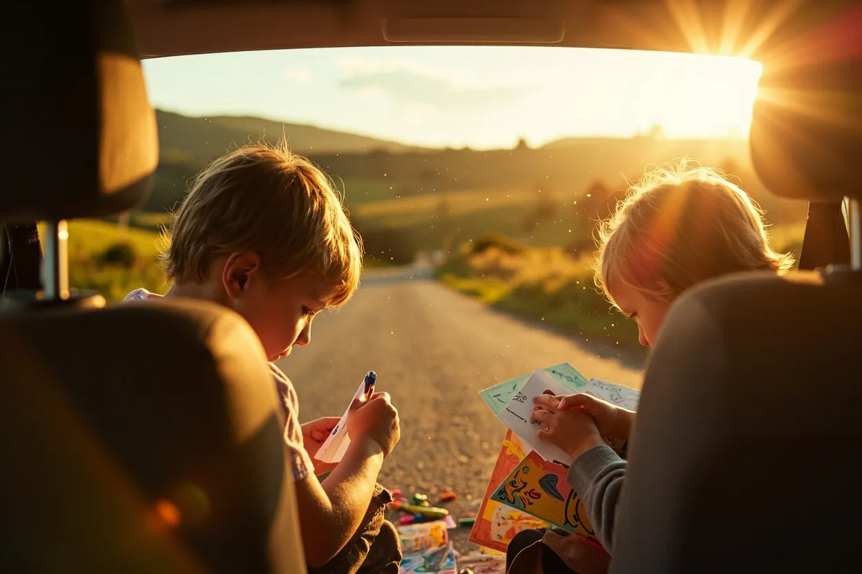 Enfants occupes en voiture lors dun trajet, sans ecran