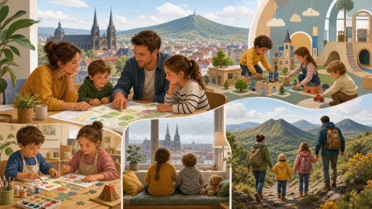 Illustration of children and parents choosing indoor, creative, budget-friendly and nature activities around Clermont-Ferrand