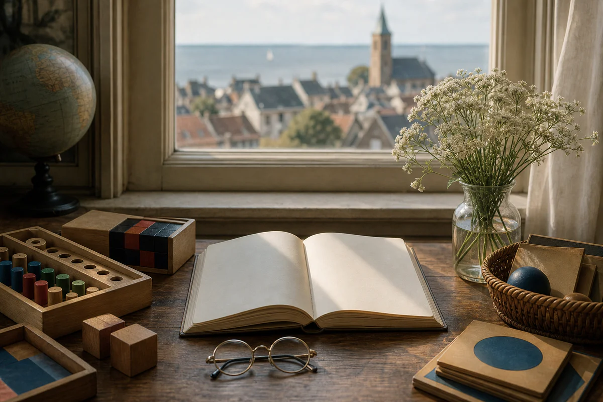 Bureau ancien avec du matériel Montessori près d'une fenêtre donnant sur une ville côtière calme, évoquant les dernières anné