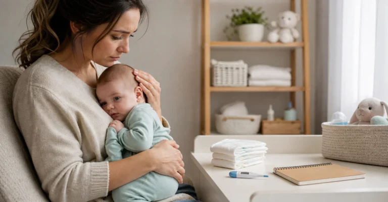 Parent holding a baby in a calm nursery with a thermometer and diapers nearby, suggesting careful monitoring of possible urin