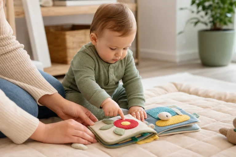 Bébé de 1 an assis sur un tapis doux en train de manipuler un livre d'éveil solide avec l'aide discrète d'un parent.