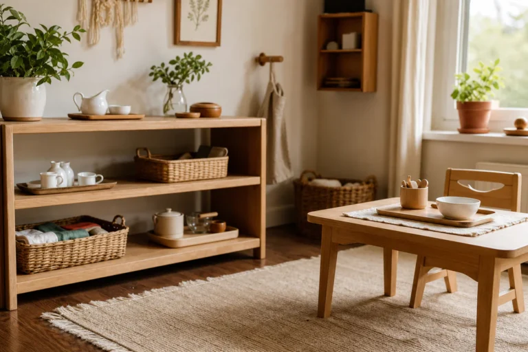 Coin Montessori à la maison avec étagère basse, objets simples et espace préparé pour favoriser l'autonomie de l'enfant