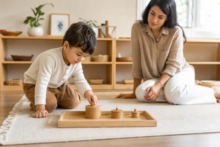 Un enfant utilise du matériel en bois sur un plateau dans un espace Montessori calme à la maison, pendant qu'un adulte observ