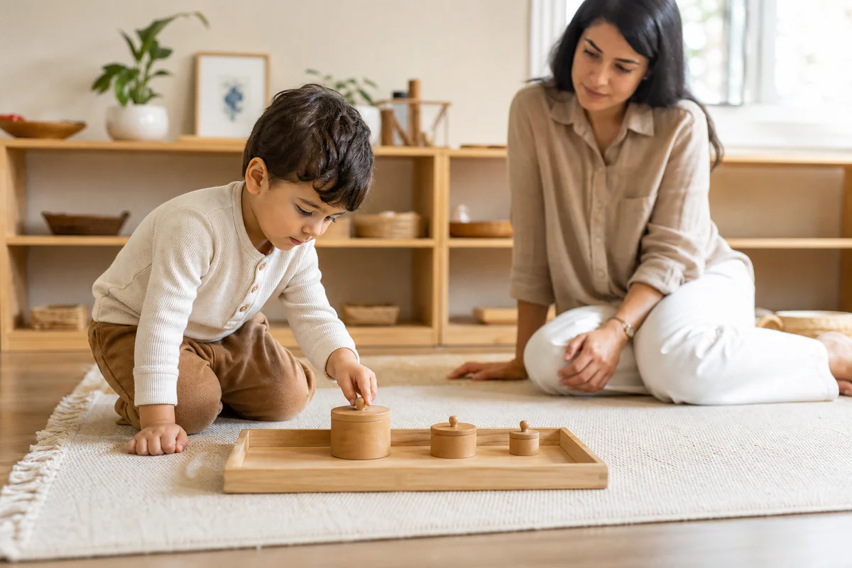 Un enfant utilise du matériel en bois sur un plateau dans un espace Montessori calme à la maison, pendant qu'un adulte observ