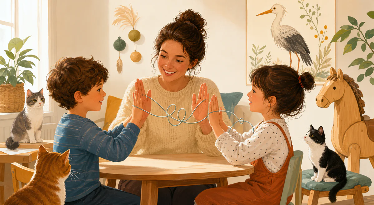 Children and an adult play a hand-clapping rhyme game with string, surrounded by playful nursery-rhyme symbols including thre