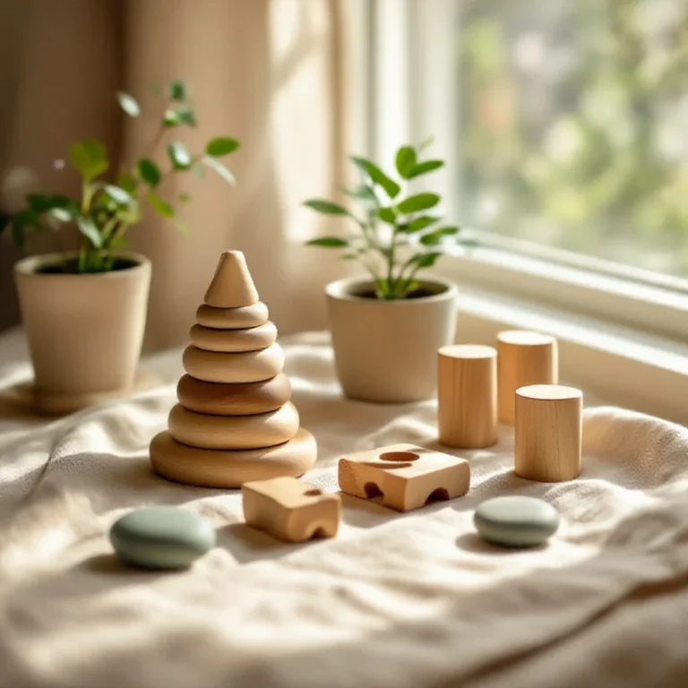 Arrangement of natural wooden Montessori educational toys on a linen cloth, bathed in warm sunlight with a small plant, conve