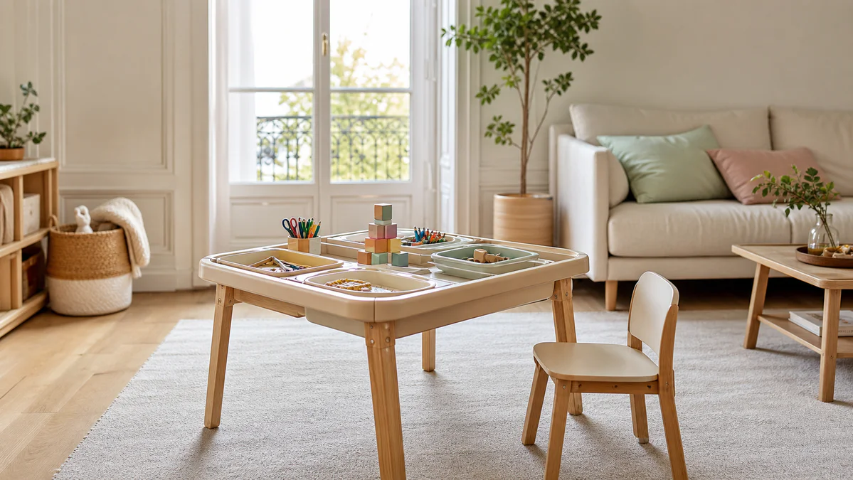 Table d’activité enfant en bois dans un salon lumineux avec accessoires de jeu, dessin et manipulation adaptés aux jeunes enf