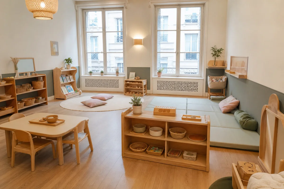 A small Montessori nursery classroom with low shelves, child-sized furniture, soft mats and clearly organized activity zones.