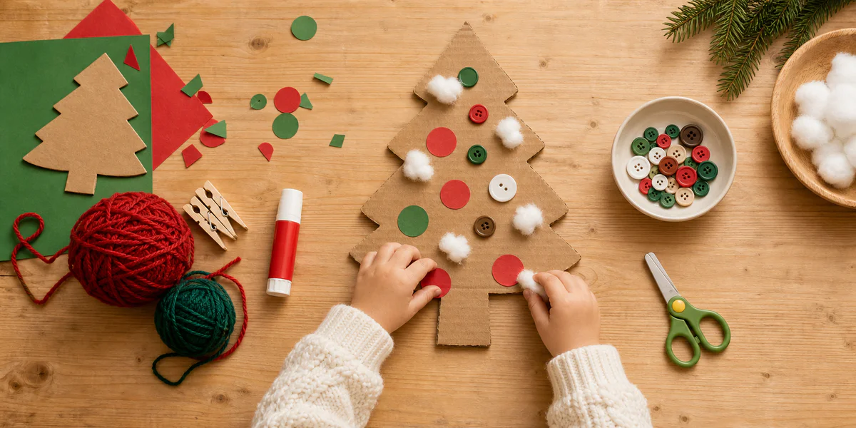 Petites mains d'enfant réalisant un bricolage de Noël simple avec du papier, du coton et du matériel de maison sur une table