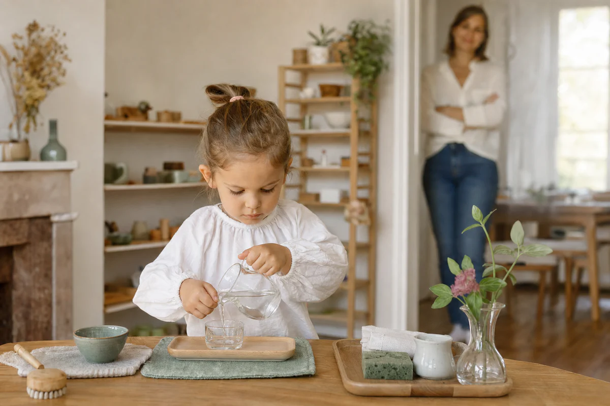 Un enfant verse de l'eau seul à une petite table Montessori dans un intérieur familial calme, pendant qu'un adulte observe en