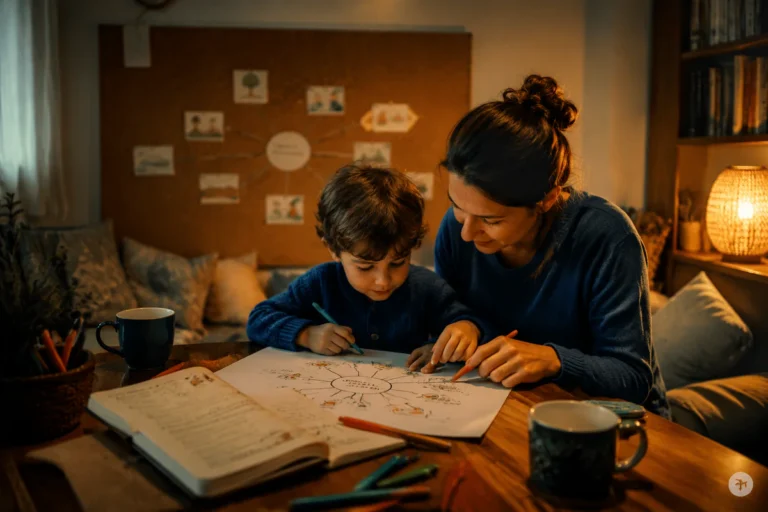 Un parent et un enfant assis à une table en bois, en train de créer ensemble une carte mentale colorée pour apprendre une poé
