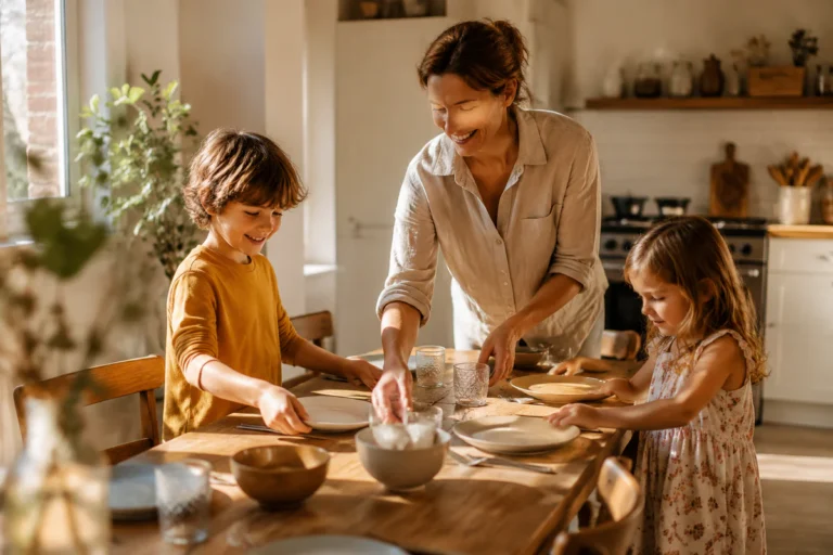 Parent et deux enfants dressant la table ensemble dans une cuisine chaleureuse, illustrant la coopération en famille au quoti