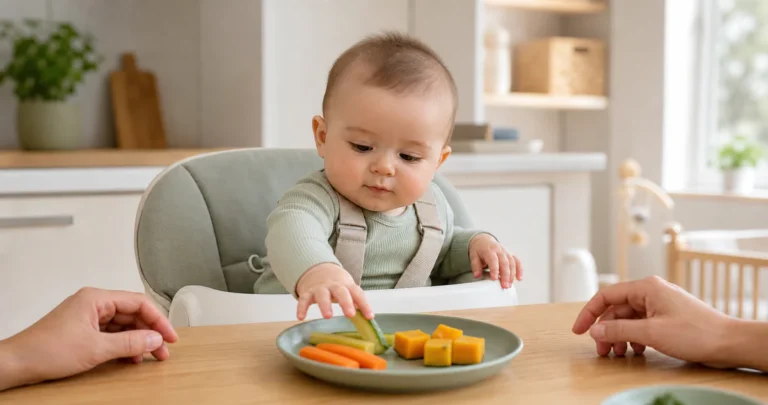 Bébé assis bien droit dans une chaise haute, attrapant un morceau de légume cuit pendant un repas familial.