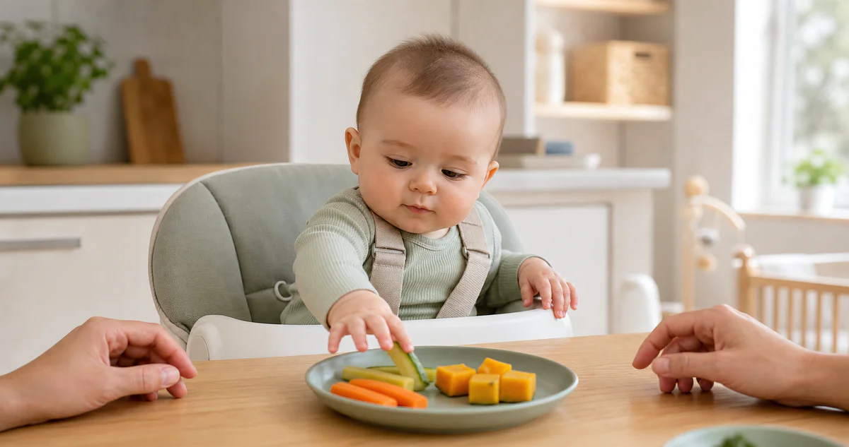 Bébé assis bien droit dans une chaise haute, attrapant un morceau de légume cuit pendant un repas familial.