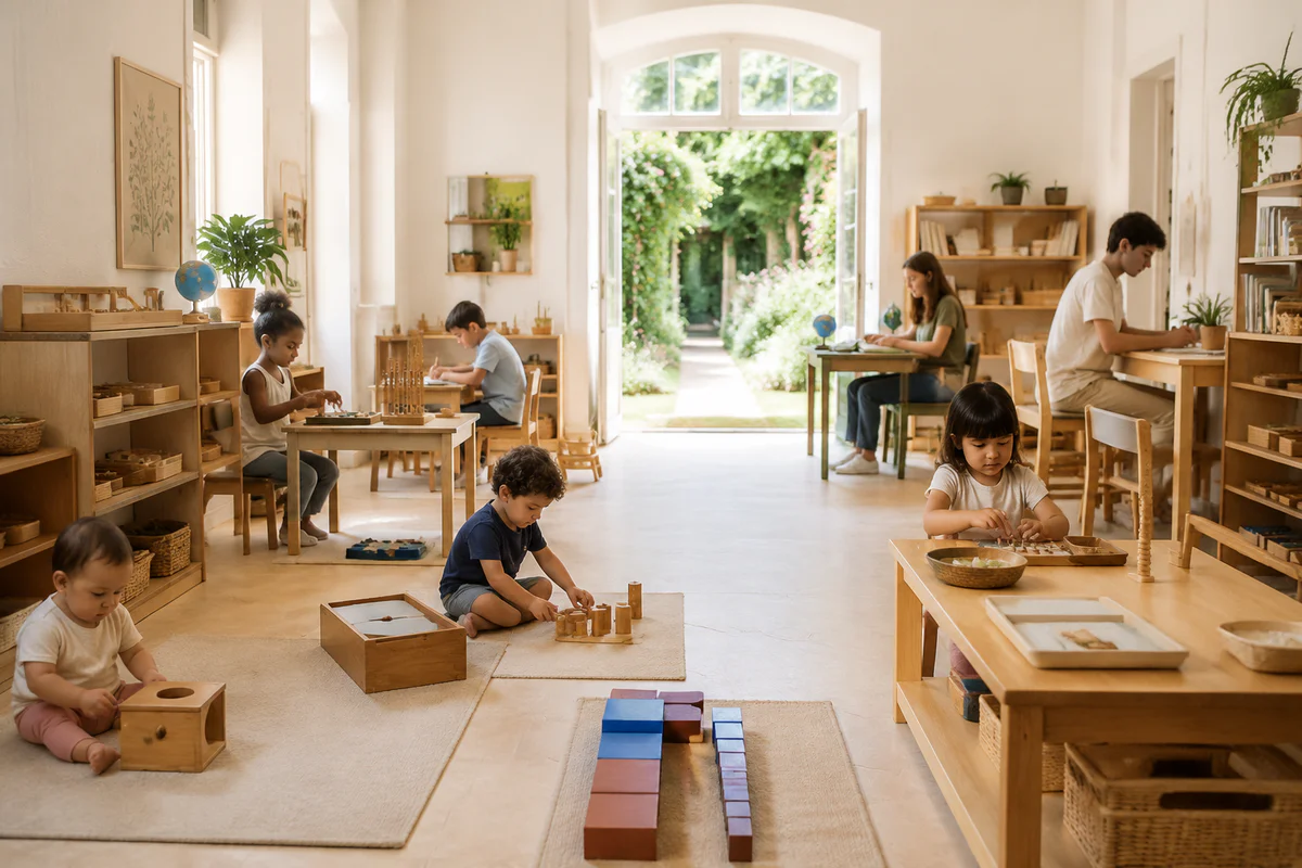 Montessori learning materials arranged as a progression from early childhood to adolescence in a bright natural classroom
