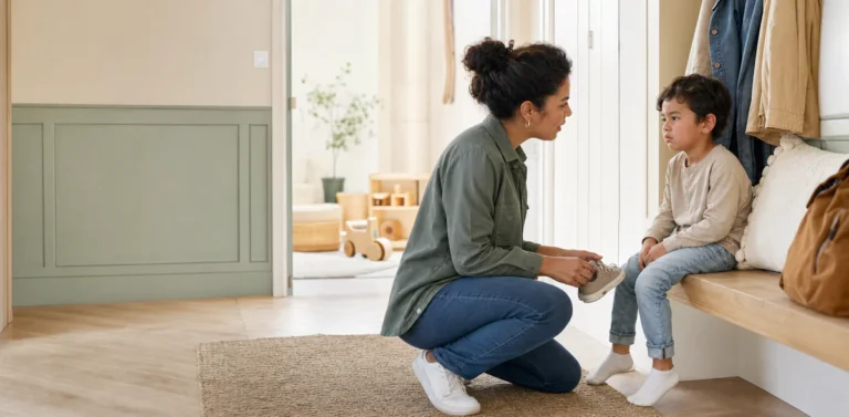 Parent kneeling calmly beside a child in a home entryway, representing gentle education with clear boundaries and emotional s