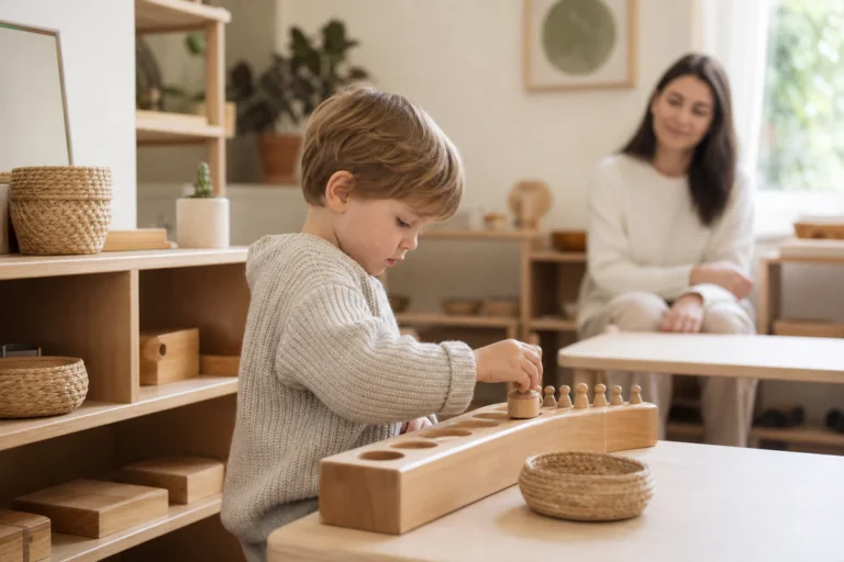 Child working independently with Montessori-style wooden learning materials while an adult observes nearby in a calm prepared