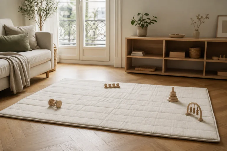Grand tapis d'éveil Montessori simple et spacieux installé dans un coin calme du salon avec quelques jouets en bois.