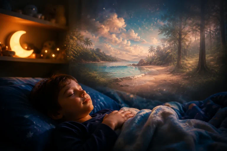 Enfant paisiblement endormi dans son lit la nuit, entouré d'images oniriques évoquant une visualisation apaisante de sophrolo