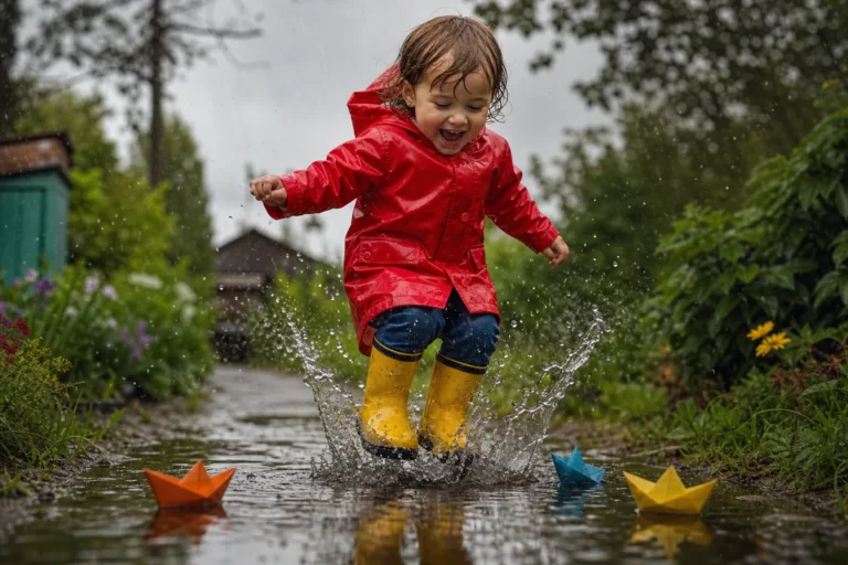 Enfant en bottes jaunes et ciré rouge sautant joyeusement dans une flaque d'eau sous la pluie