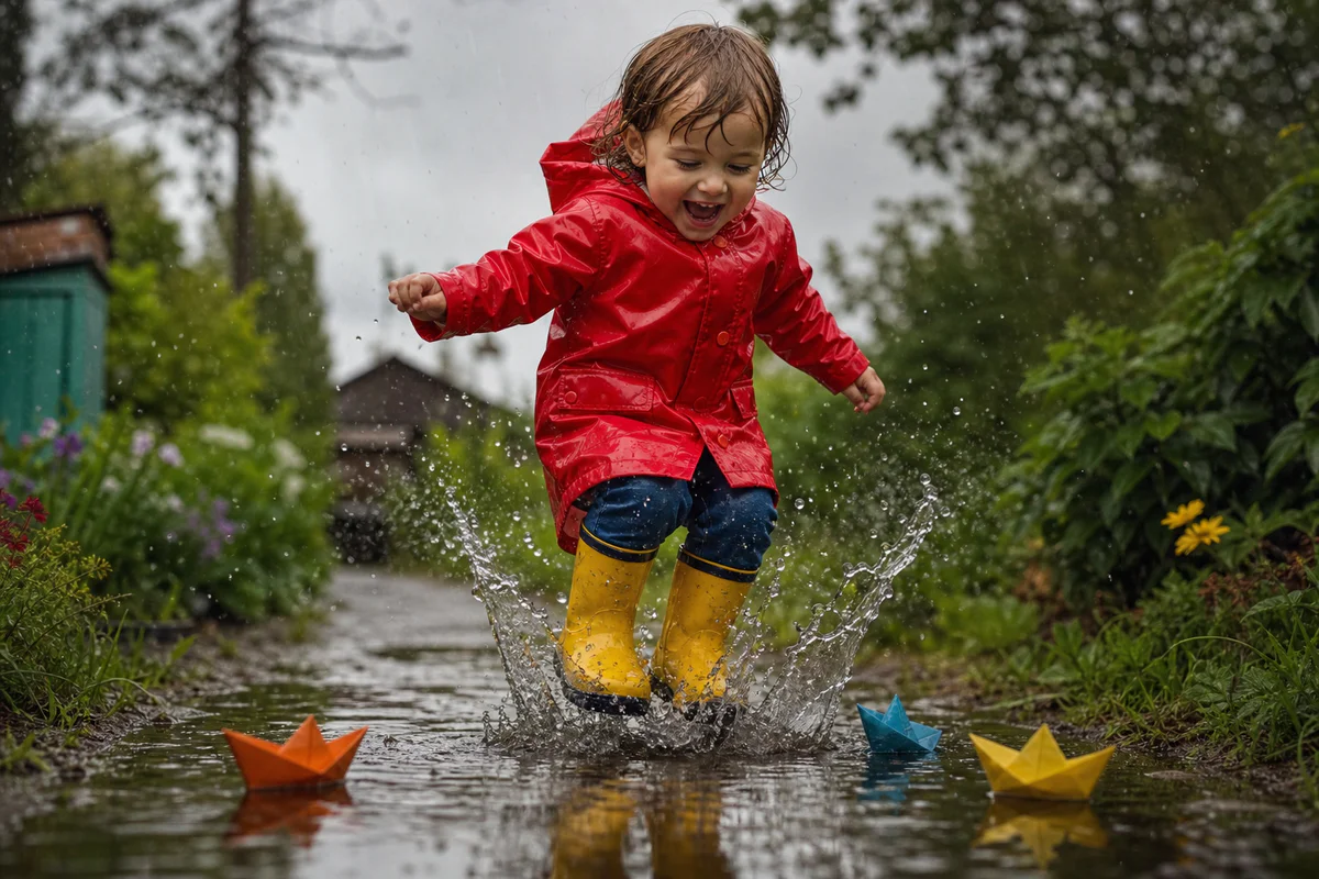 Enfant en bottes jaunes et ciré rouge sautant joyeusement dans une flaque d'eau sous la pluie