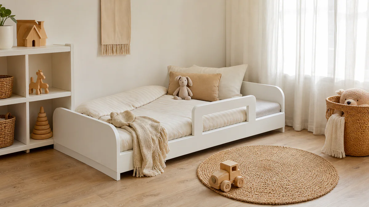 Chambre d'enfant lumineuse avec un lit Montessori blanc bas, sécurisé et adapté à l'autonomie d'un jeune enfant.