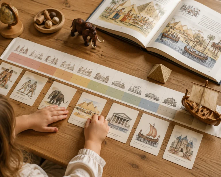 Espace d'apprentissage Montessori avec cartes de nomenclature historique, frise chronologique et encyclopédie illustrée dispo