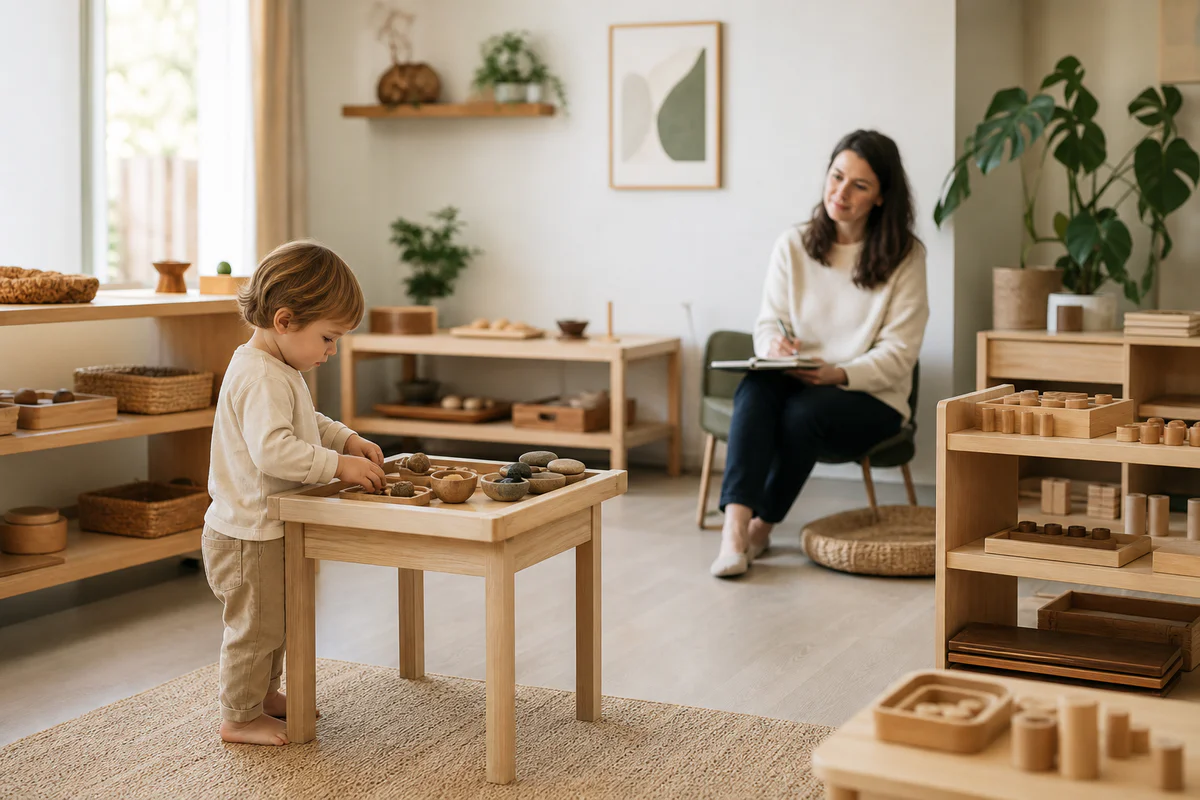 A calm Montessori classroom with wooden learning materials and an adult observing a child’s learning environment.