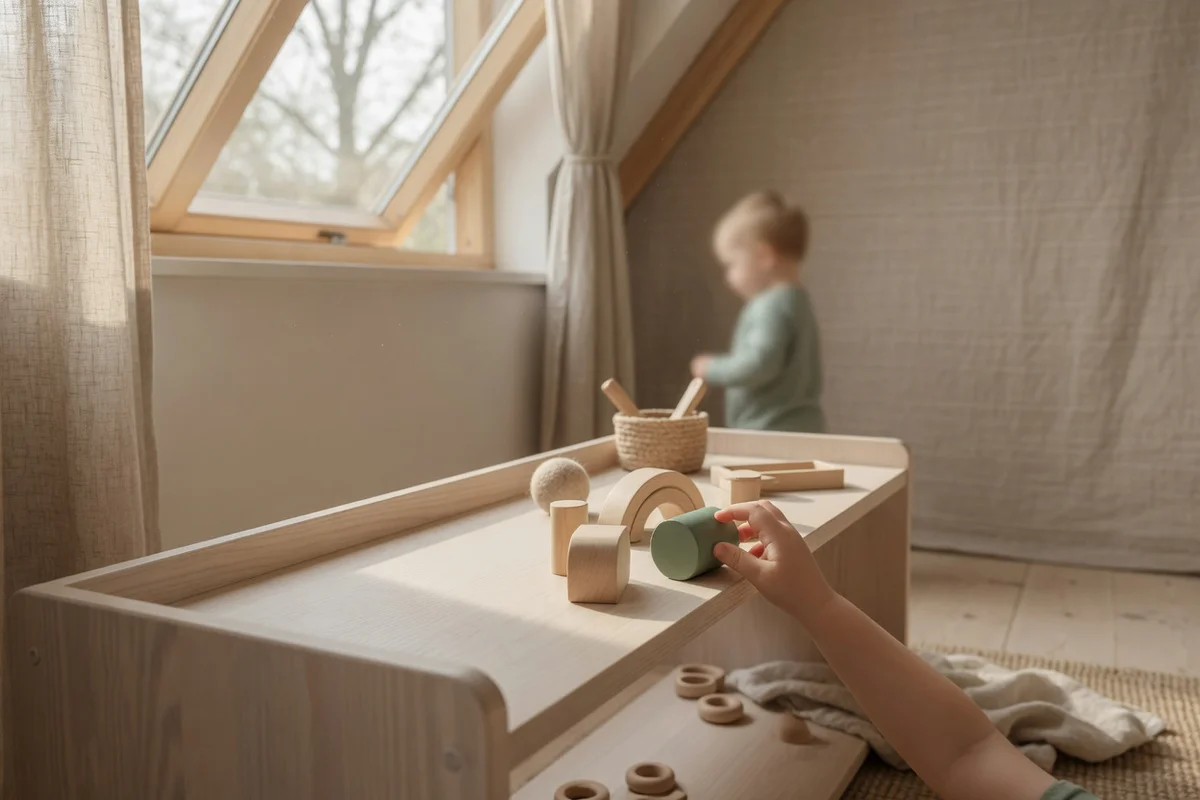 Close-up of a toddler's hand carefully placing a wooden object on a shelf in a soft, naturally lit Montessori-style room, sym