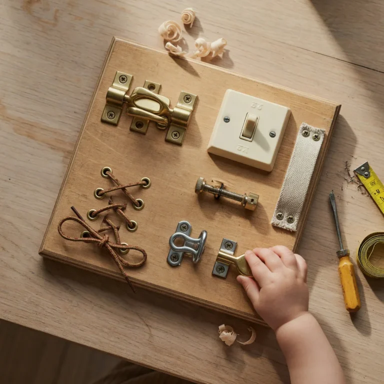 Planche d'activité Montessori DIY en bois avec loquets, laçage et fermoirs, manipulée par la main d'un enfant, lumière nature