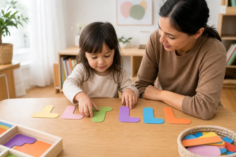 Un enfant apprend l'alphabet avec un adulte en manipulant des cartes colorées sur une table.