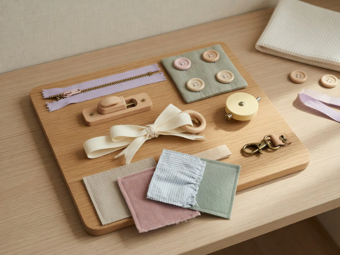 DIY Montessori activity board with simple tactile elements on a wooden surface in a calm child-friendly setting.