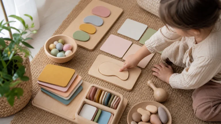 Hands of a young child exploring colorful tactile learning pieces and picture-matching objects during a playful alphabet acti