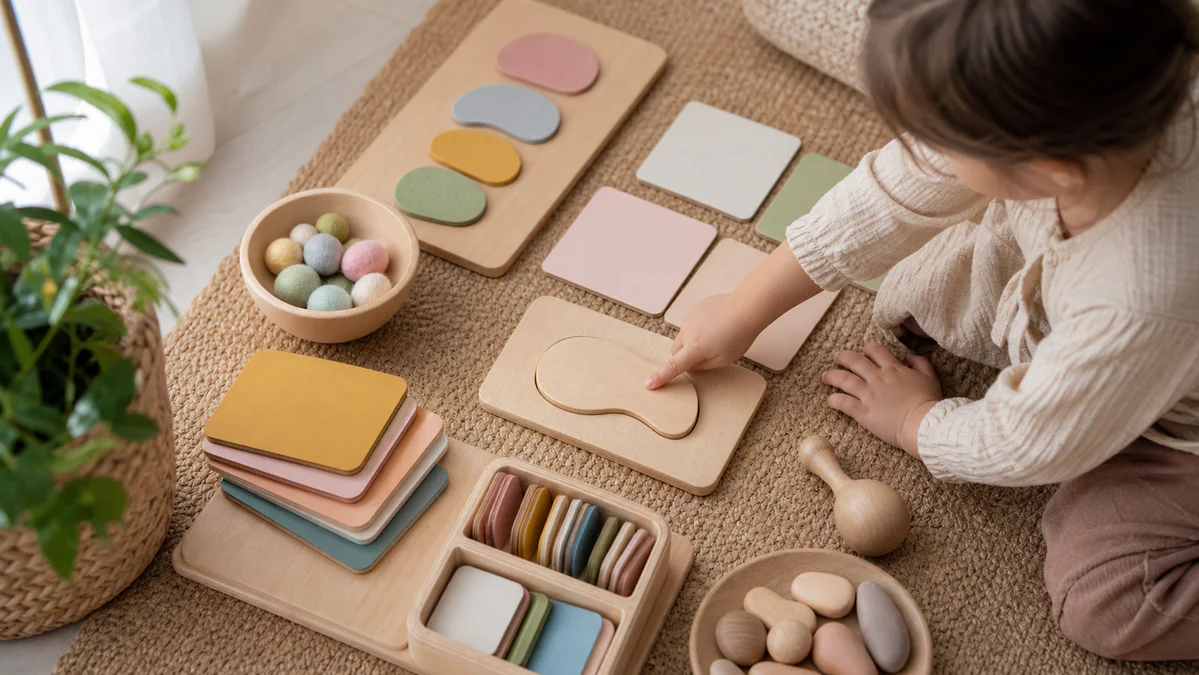 Hands of a young child exploring colorful tactile learning pieces and picture-matching objects during a playful alphabet acti