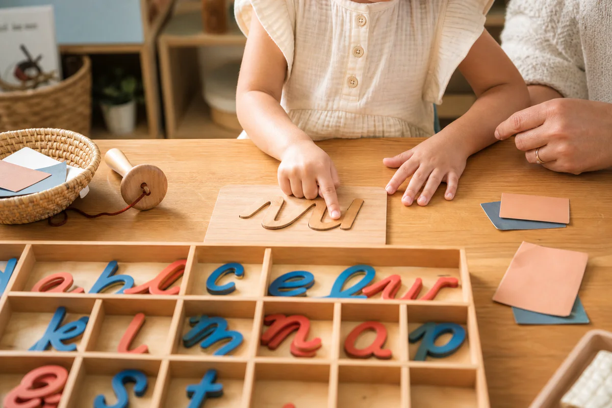 Les mains d’un jeune enfant explorent des lettres rugueuses et un alphabet mobile dans un espace Montessori chaleureux à la m