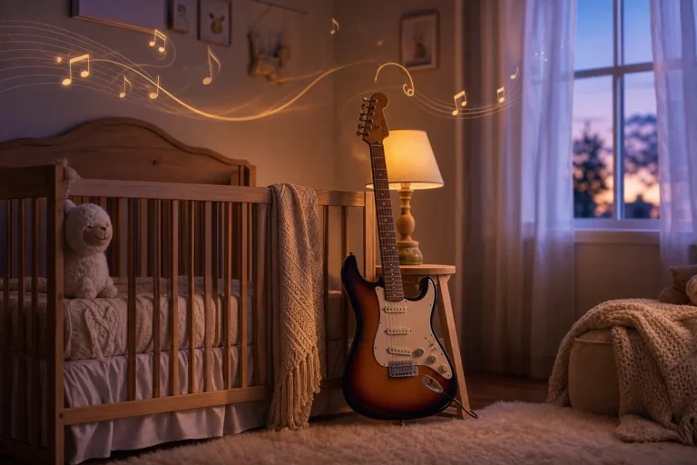 Une chambre de bébé paisible au crépuscule avec un berceau en bois, une guitare électrique vintage posée à côté comme une ber