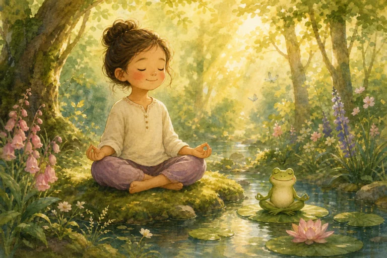 Peaceful illustration of a child sitting in a calm meditation pose in a forest clearing with a small green frog resting on a