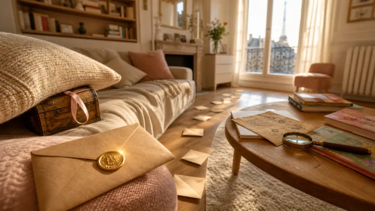 Vue intérieure chaleureuse d'un appartement lumineux avec une chasse au trésor en cours, featuring des enveloppes en papier c