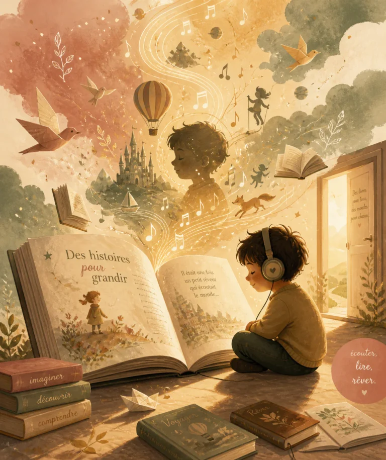 Illustration stylisée d'un livre jeunesse ouvert d'où s'échappent des ondes sonores symbolisant les histoires audio gratuites