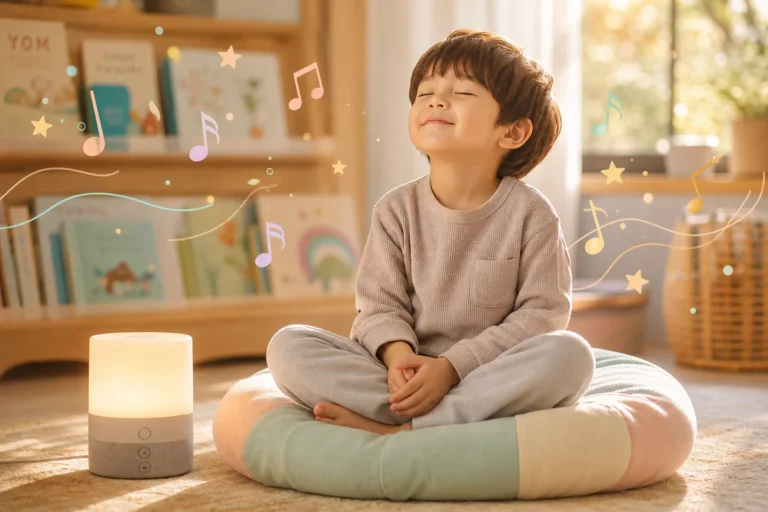 Young child sitting peacefully on a cushion with eyes closed, surrounded by floating pastel musical notes and soft sound wave