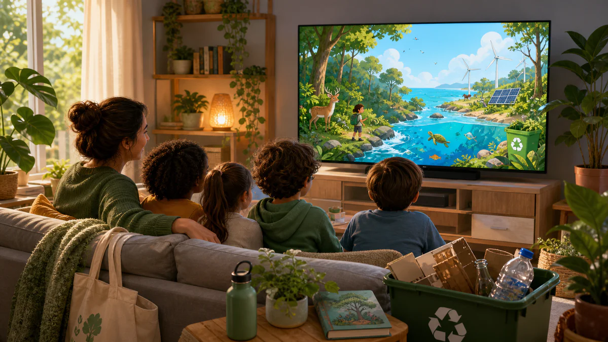 Un parent et des enfants regardent ensemble un dessin animé consacré à la nature, au recyclage et à la protection de l'enviro