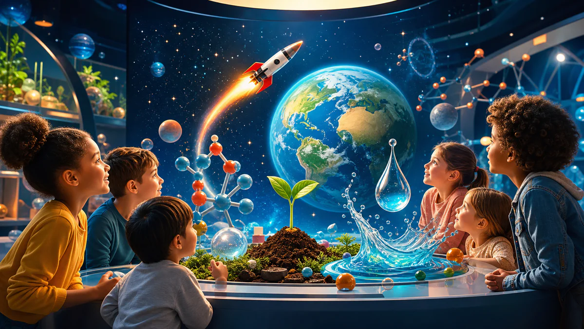 Des enfants explorent avec émerveillement une scène animée réunissant fusée, planète, plante et éléments scientifiques.