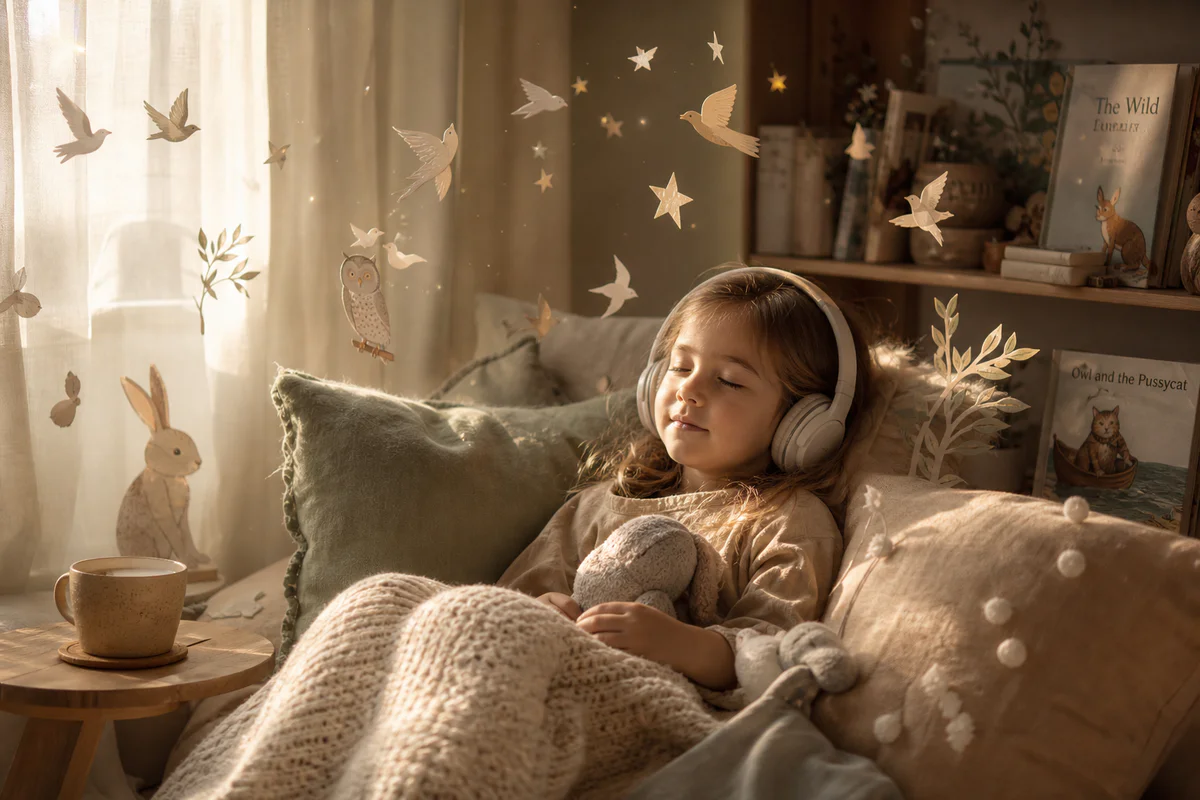 Enfant blotti dans un coin lecture chaleureux écoutant une histoire audio avec un casque, entouré d'illustrations oniriques é