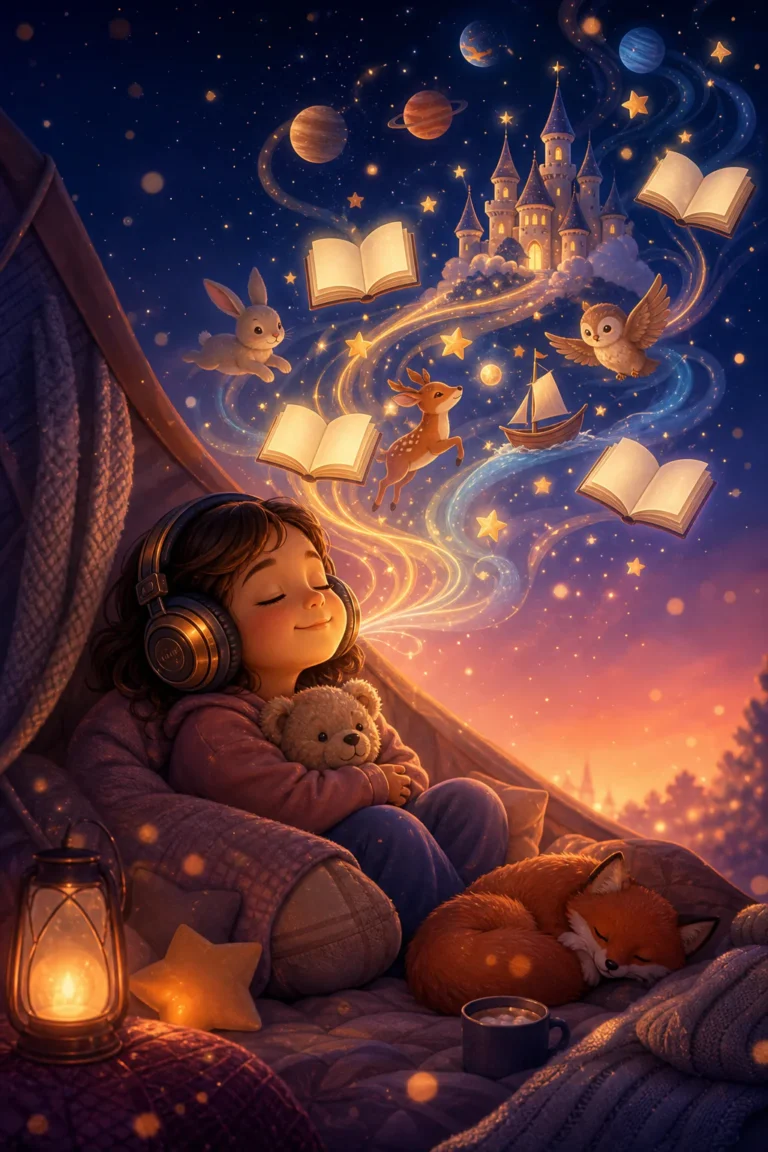Illustration chaleureuse d'un enfant portant un casque audio, entouré d'un tourbillon magique de livres flottants, d'étoiles