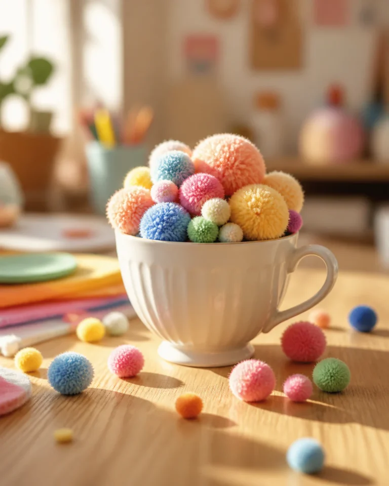 Une tasse en céramique blanche posée sur une table en bois chaleureuse, remplie de pompons colorés aux teintes pastel et vive