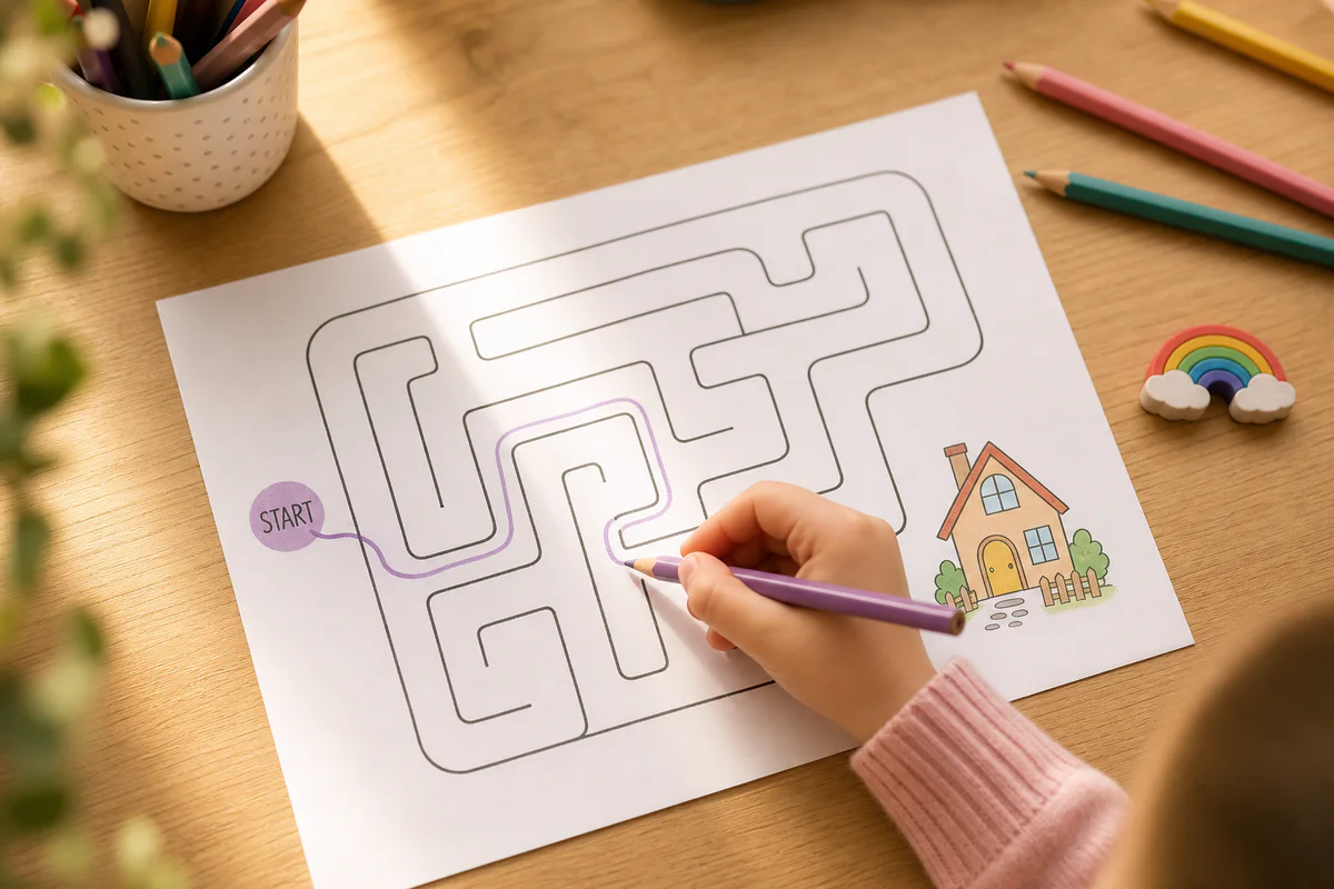 Vue du dessus d'une main d'enfant tenant un crayon de couleur traçant un labyrinthe simple et aéré sur une feuille blanche po