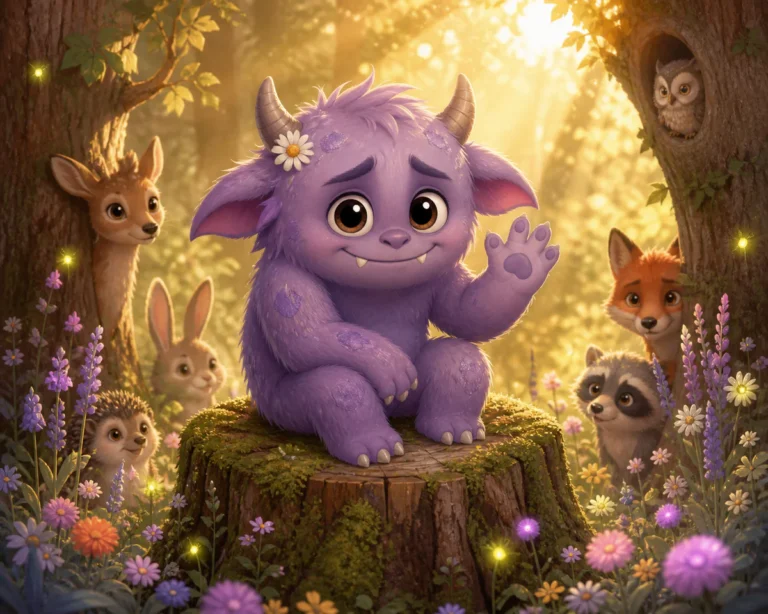 Illustration d'un petit monstre attachant aux grands yeux timides, assis sur une souche d'arbre dans une forêt enchantée baig
