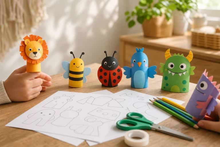 Colorful handmade paper finger puppets and crafting supplies arranged on a table, with a child wearing a lion puppet while cr