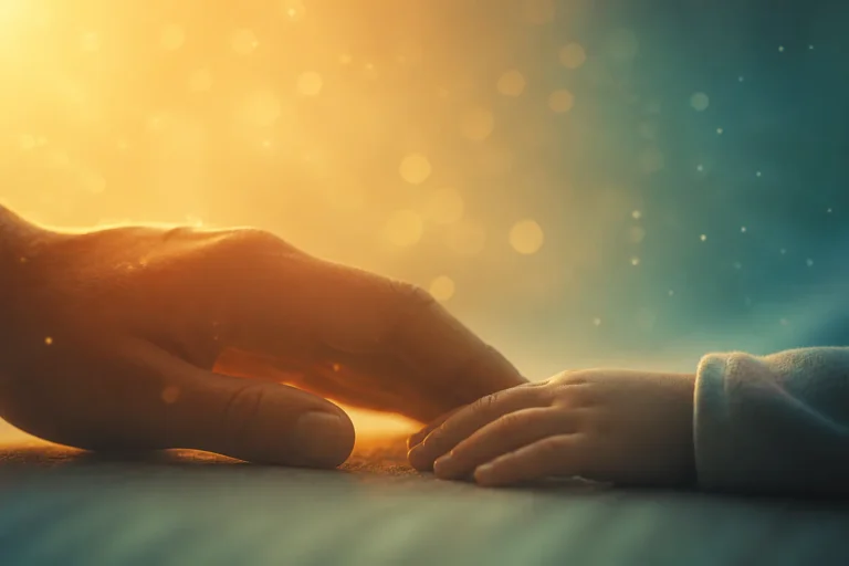 Image symbolique représentant la protection parentale : une main d'adulte posée doucement près d'une main d'enfant, baignée d